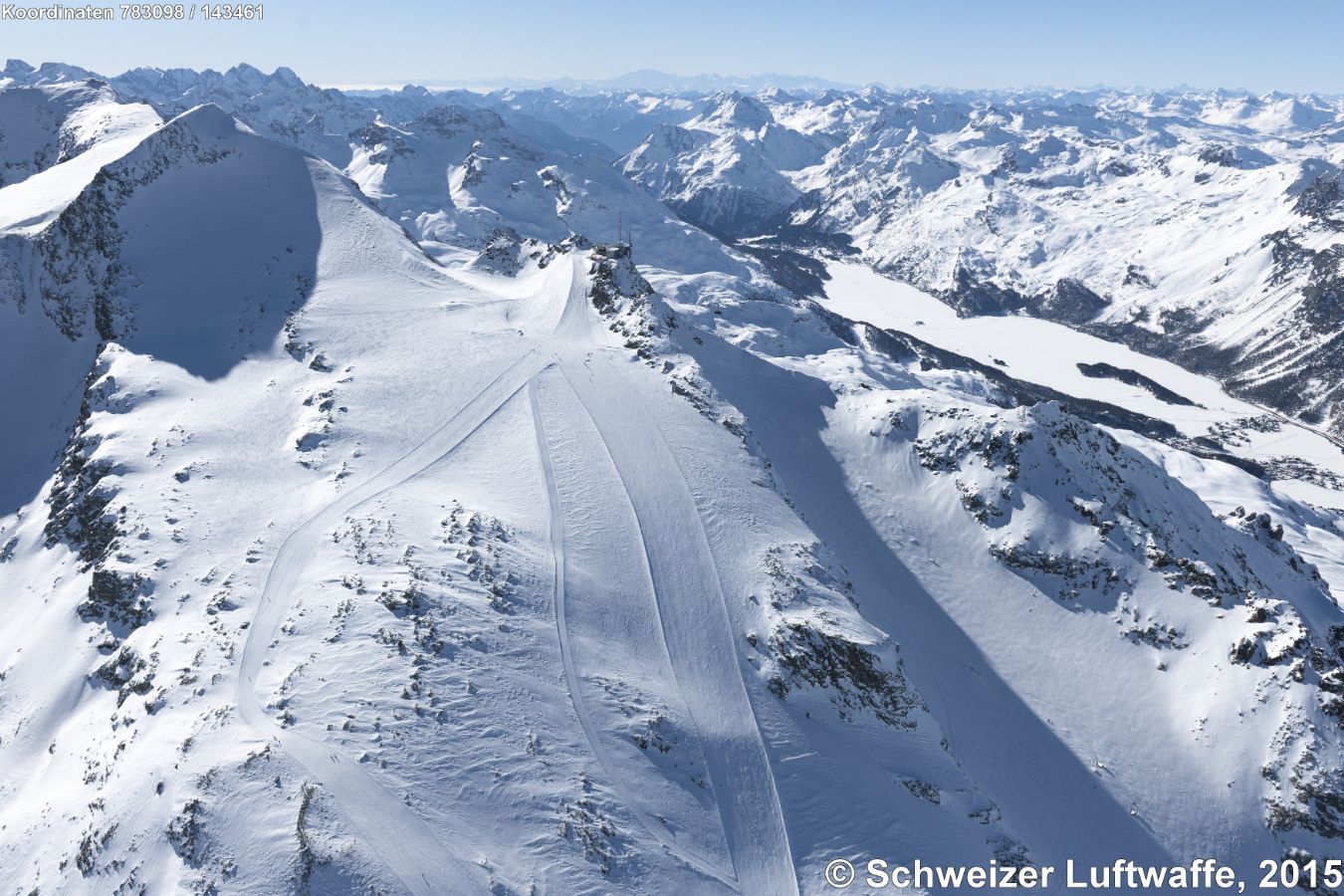 Corvatsch, Blick nach Westen zum Silser-See, Sils/Segl, Maloja